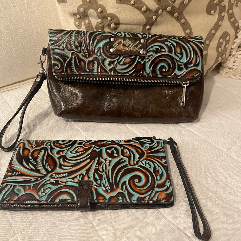 Patricia Nash Leather Tooled Turquoise Wristet Purse and Wristlet Wallet
